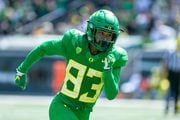 Wide receiver Josh Delgado (#83) runs a route up the sideline as the Oregon Ducks hold their annual spring football game at Autzen Stadium in Eugene, Oregon on Saturday, April 23, 2022. 
