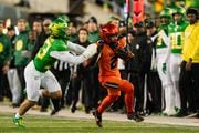 Oregon State wide receiver Anthony Gould (2) catches a pass during the second half as the No. 16 Beavers take on the No. 6 Oregon Ducks in a Pac-12 football game on Friday, Nov. 24, 2023, at Autzen Stadium in Eugene. Oregon won 31-7 to clinch a spot in the Pac-12 championship game.