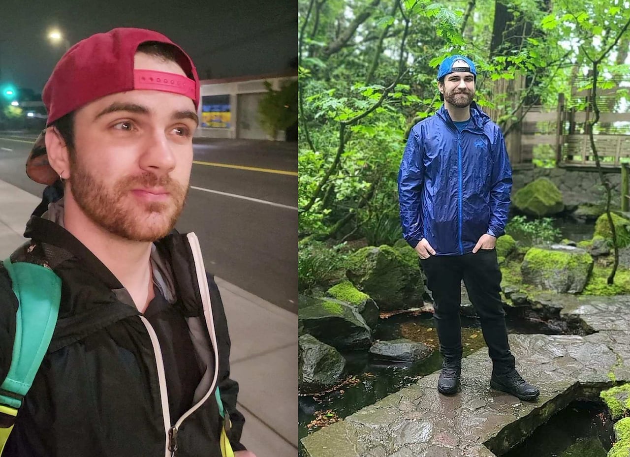 Two photos side by side of Zachery Freeman. One shows him at nighttime walking on a sidewalk outside wearing a black hoodie and a red backwards baseball hat. Another photo shows him standing in a garden wearing a blue cap, blue jacket and black pants. He is a white man with reddish-brown facial hair.