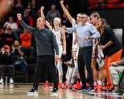 Head coach Scott Rueck of the Oregon State Beavers signals to his team during the first half of the season opener basketball game against the University of Arkansas at Pine-Bluff Lions on Monday, Nov. 6, 2023, at Gill Coliseum in Corvallis.