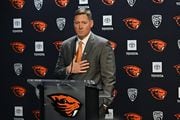 New Oregon State football coach Trent Bray speaks at his introductory news conference on Wednesday, Nov. 29, 2023, in Corvallis. The Beavers promoted Bray from defensive coordinator to head coach.