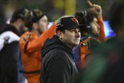 Oregon State coach Jonathan Smith looks up at the scoreboard during the second half of the team's NCAA college football game against Oregon on Friday, Nov. 24, 2023, in Eugene, Ore. (AP Photo/Mark Ylen)
