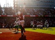 Stanford's Elijah Higgins catches a touchdown against Oregon during the second half of an NCAA college football game in Stanford, Calif., Saturday, Oct. 2, 2021. (AP Photo/Jed Jacobsohn)