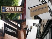 A collection of brands owned by Sortis Holdings. Top left: Sizzle Pie. Top right: Water Avenue Coffee. Bottom left: Rudy's Barbershop. Bottom right: The Portland Ace Hotel.