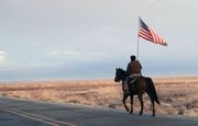 Duane Ehmer riding his horse in a scene from the documentary, "No Man's Land," a chronicle of the armed occupation of Oregon's Malheur National Wildlife Refuge, in 2016.