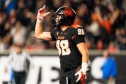 Tight end Jack Velling #88 of the Oregon State Beavers reacts after scoring a 32 yard touchdown during the second half of the game against the UCLA Bruins on Saturday, Oct. 14, 2023, at Reser Stadium in Corvallis. The Beavers went on to win 36-24. 
