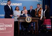 President Joe Biden speaks before signing an executive order at the White House Tribal Nations Summit at the Department of the Interior, Wednesday, Dec. 6, 2023, in Washington. (AP Photo/Evan Vucci)