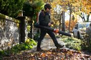 Rich White, owner of Good Green Neighbors, operates an electric-powered leaf blower on a sidewalk in Southeast Portland. “Using gas leaf blowers was the most confrontational thing we did. People literally yelled and screamed at us,” White said. “The electric stuff is quieter, it’s clearly a battery blower and it’s become less confrontational. … People are like, ‘I’ll yell at the next guy.’”