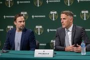 New Portland Timbers head coach Phil Neville is introduced to the media, alongside general manager Ned Grabavoy, during a press conference at Providence Park in Portland, Oregon on Tuesday, Nov. 7, 2023.